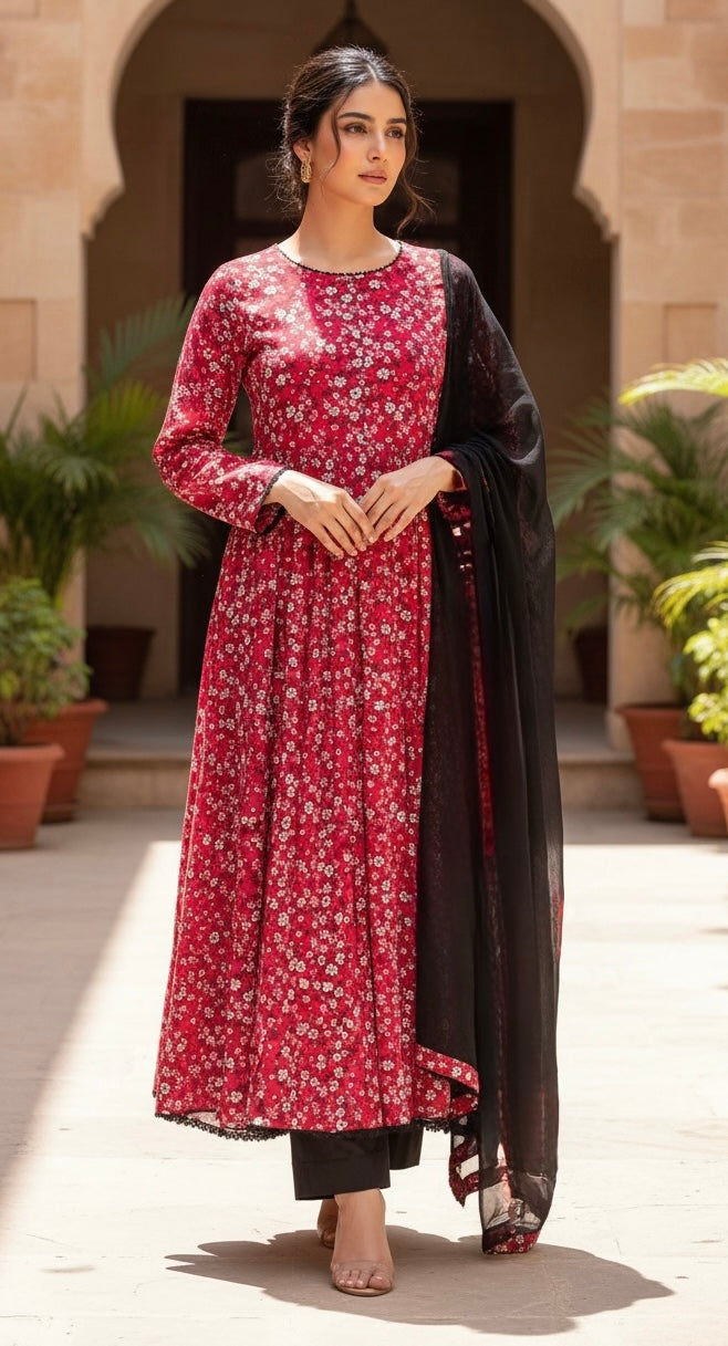 LS04 - PINK COTTON PRINT LONG DRESS 3 PIECE SUIT