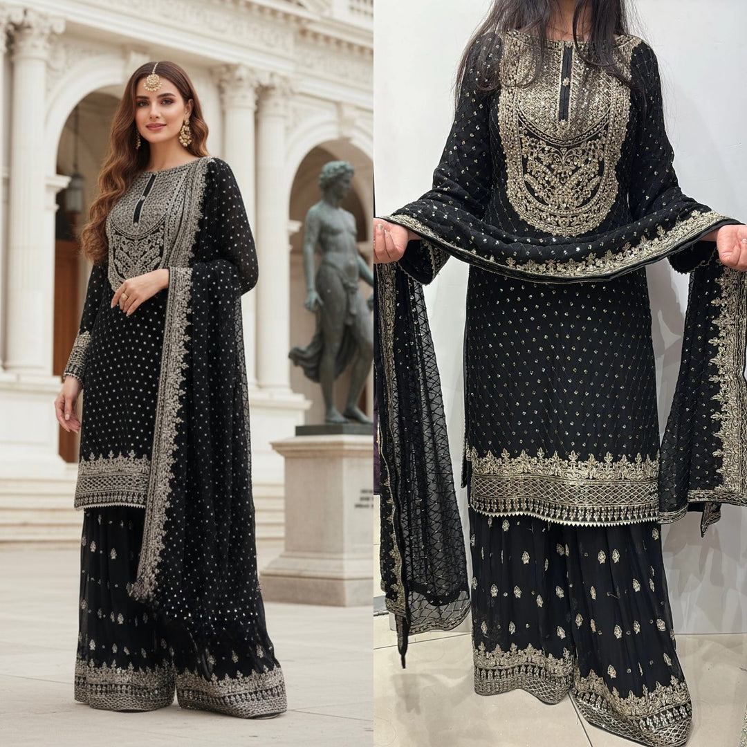 381J - BLACK CHIFFON EMBROIDERED SHARARA SUIT