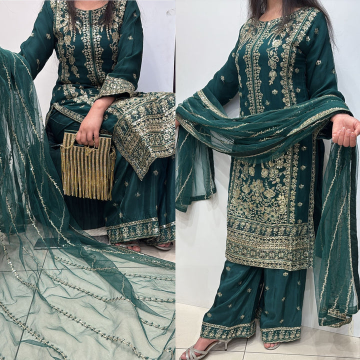 386B -GREEN CHIFFON EMBROIDERED SHARARA SUIT