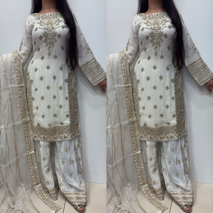 363B- OFF-WHITE CHIFFON EMBROIDERED 3 PIECE SUIT