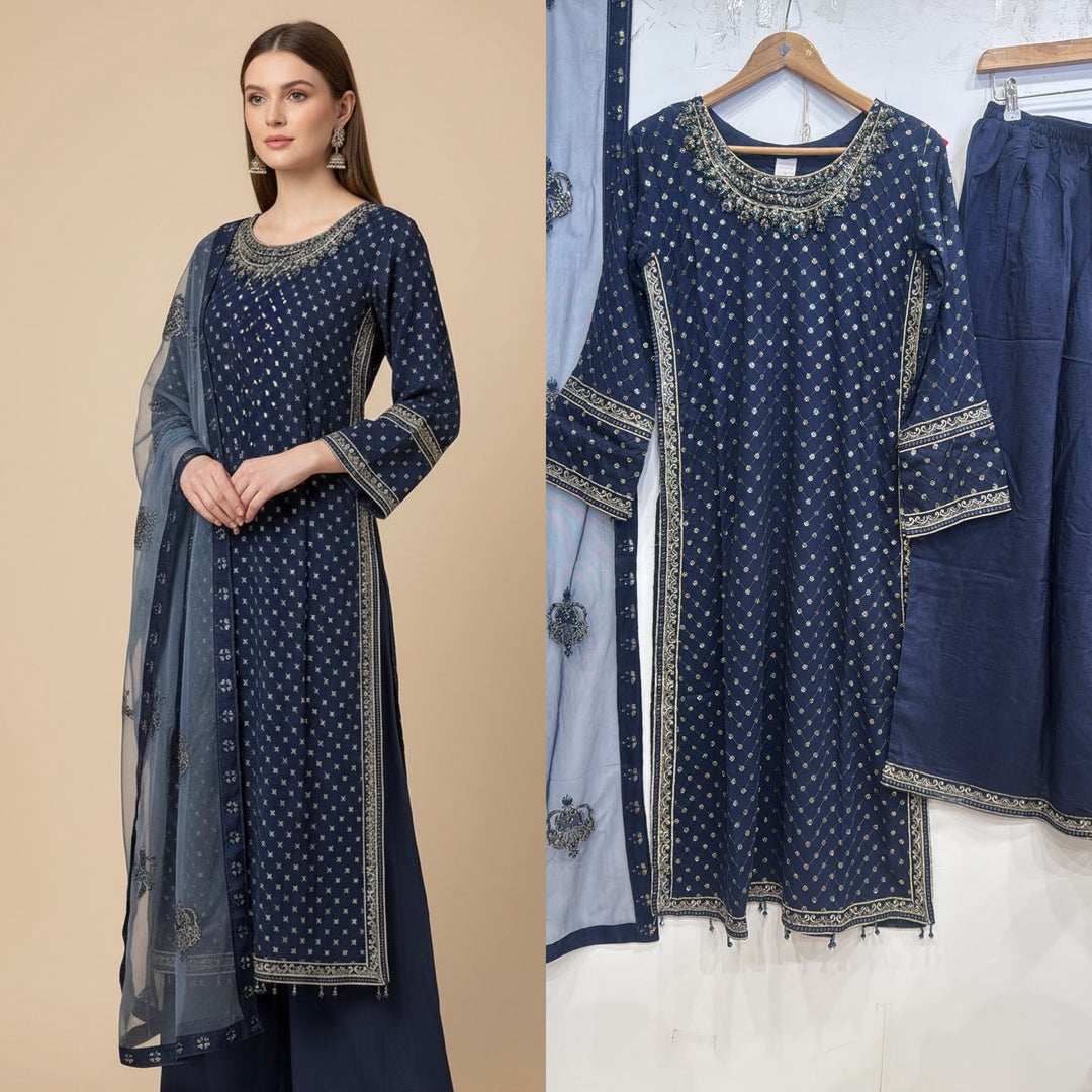 345B- Blue Embroidered Chiffon 3 Piece Suit