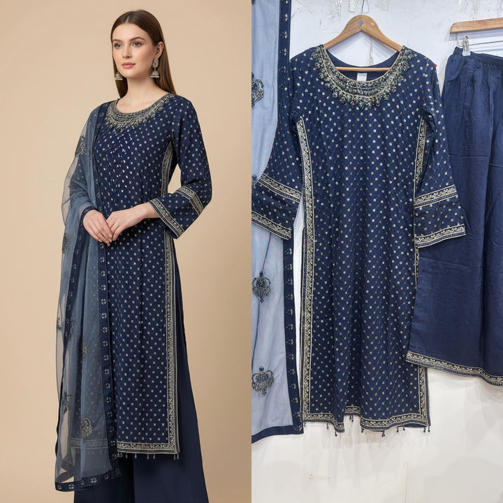345B- Blue Embroidered Chiffon 3 Piece Suit