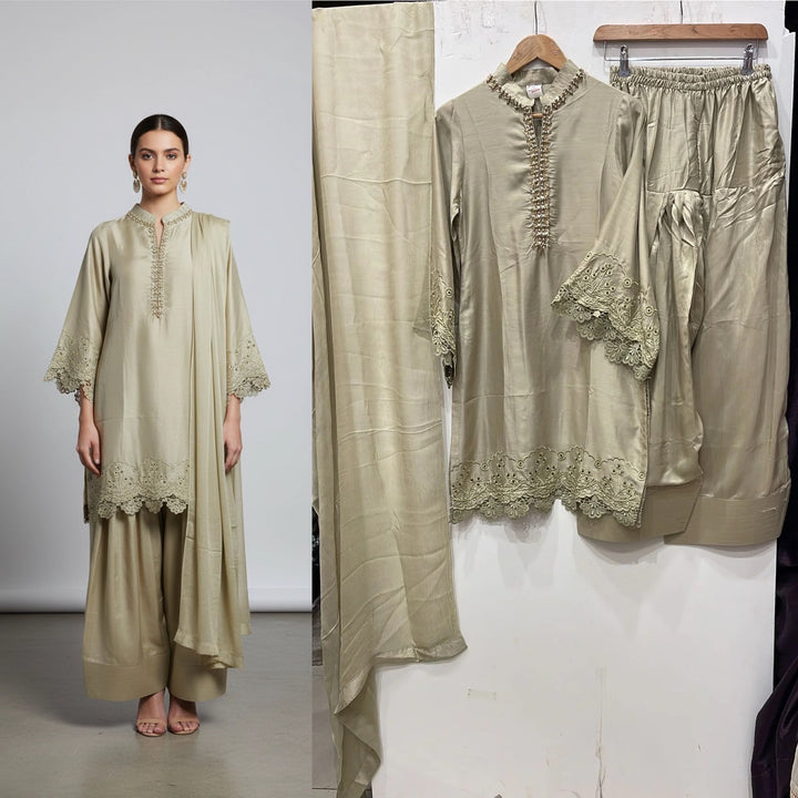 NF06 - Beige Farshi Shalwar Embroidered linen suit