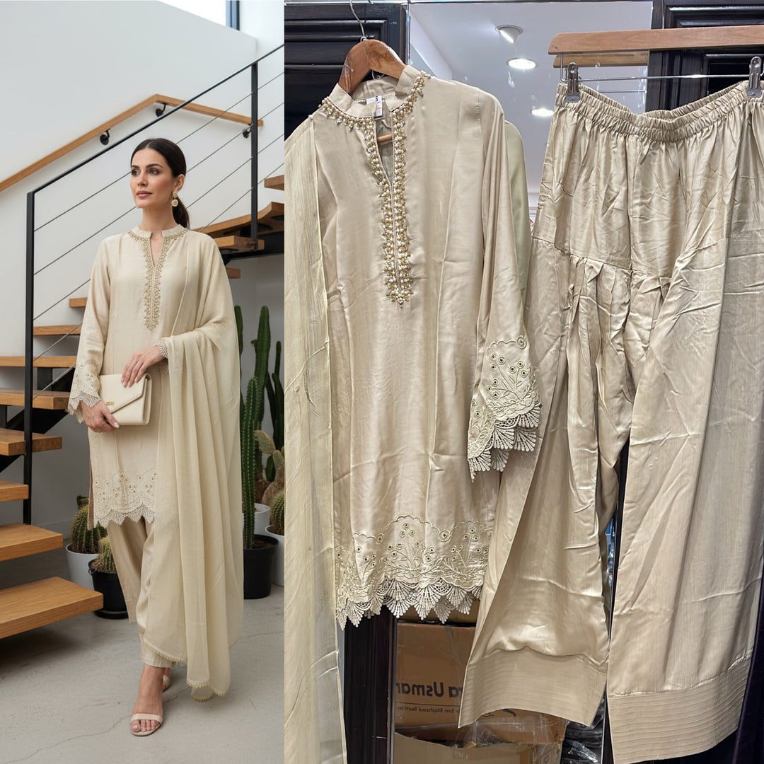 LF01 - Cream Farshi Shalwar Embroidered linen suit