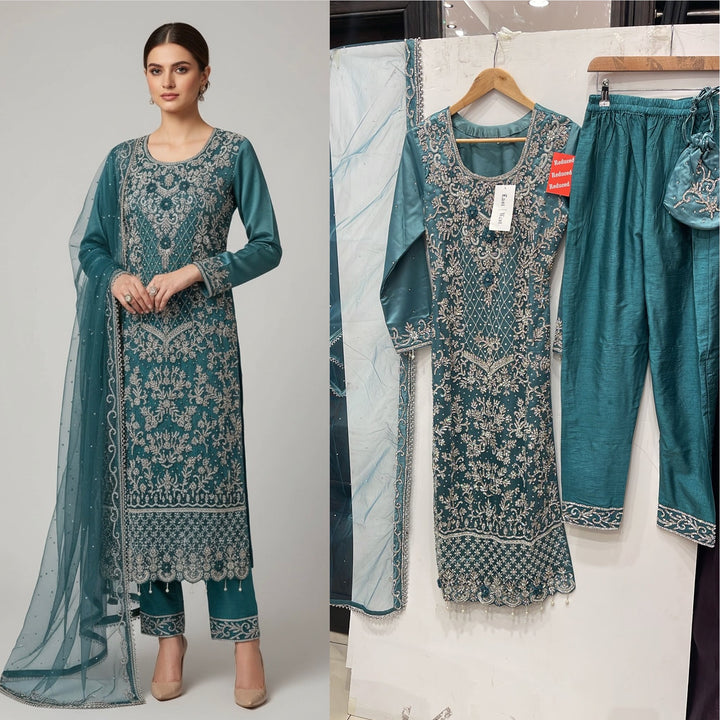 151B - TEAL EMBROIDERED & EMBELLISHED NET SUIT