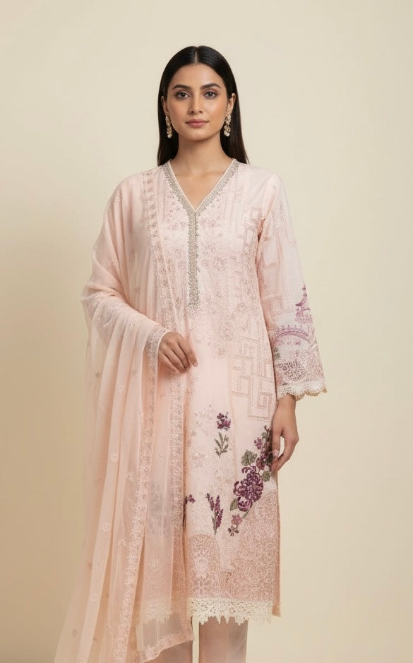 1117C - Light Peach Embroidered Cotton 3 Piece suit
