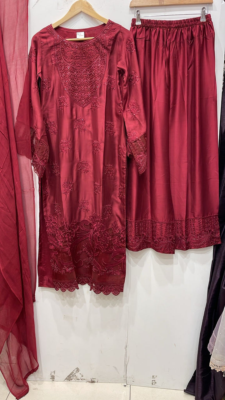 1185A - Red Embroidered Viscose Linen 3 Piece suit