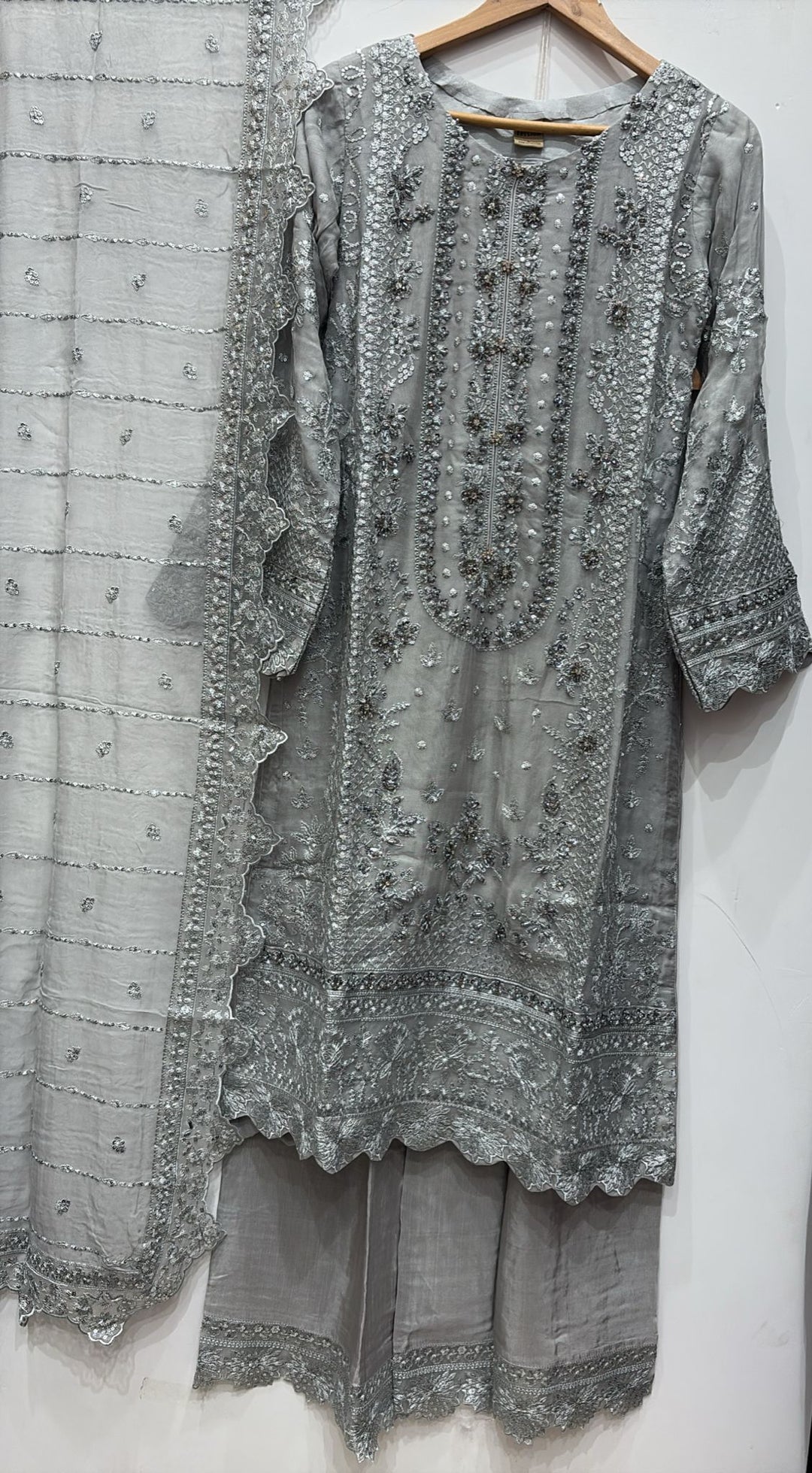 327B- Grey Embroidered Chiffon 3 Piece Suit