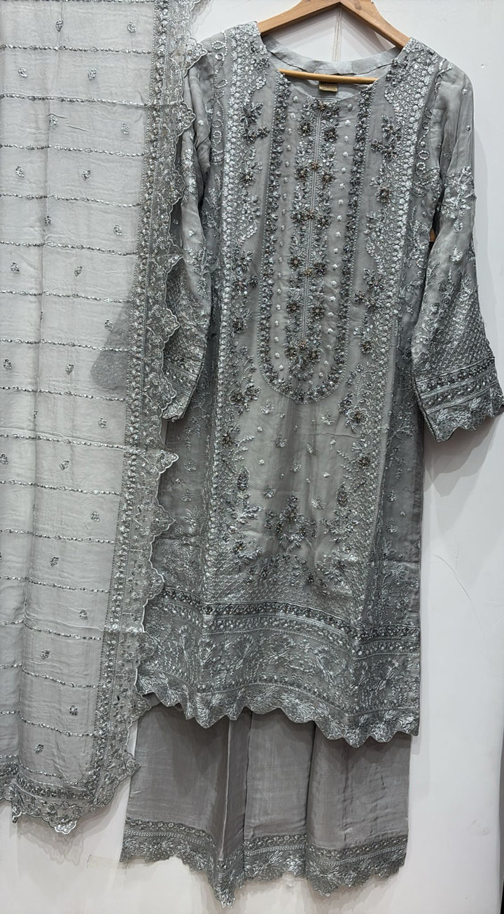 327B- Grey Embroidered Chiffon 3 Piece Suit