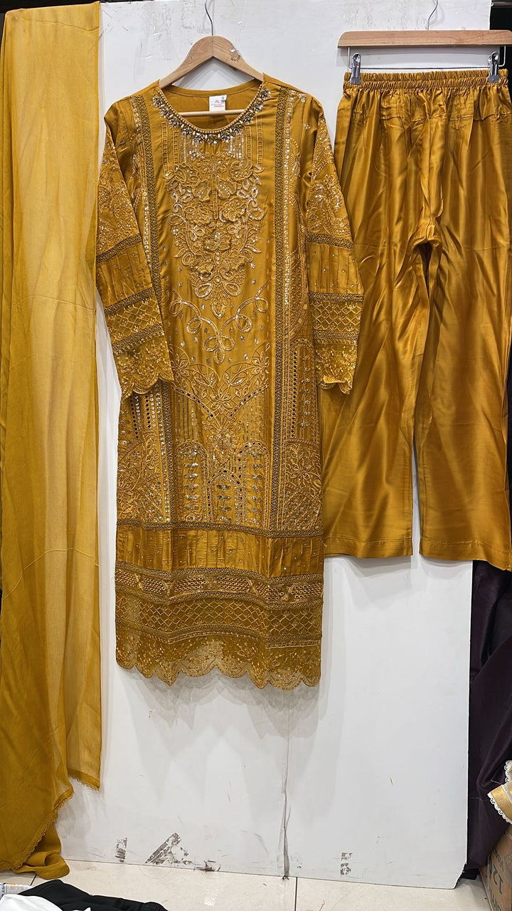1184A - Mustard Embroidered Viscose 3 Piece suit