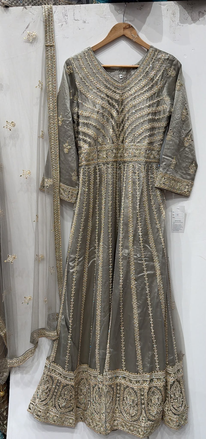 134A - Grey Net Embroidered Maxi Dress
