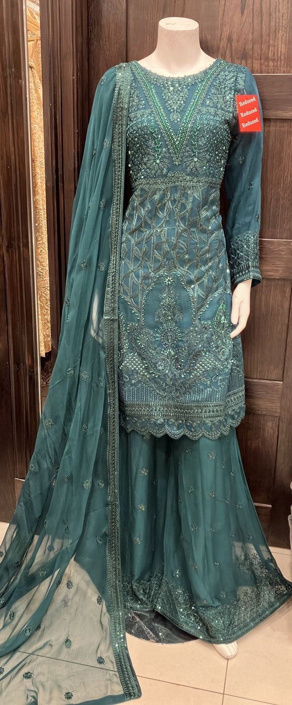 EMBROIDERED CHIFFON 3 PIECE SHARARA SUIT 491A