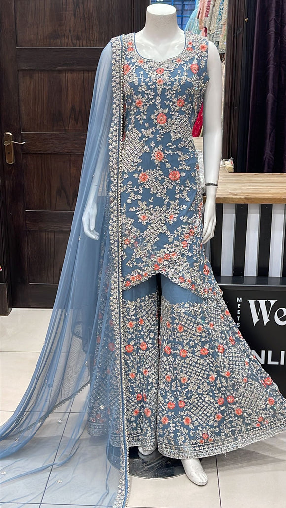 HEAVILY EMBROIDERED NET SHARARA SUIT 166B