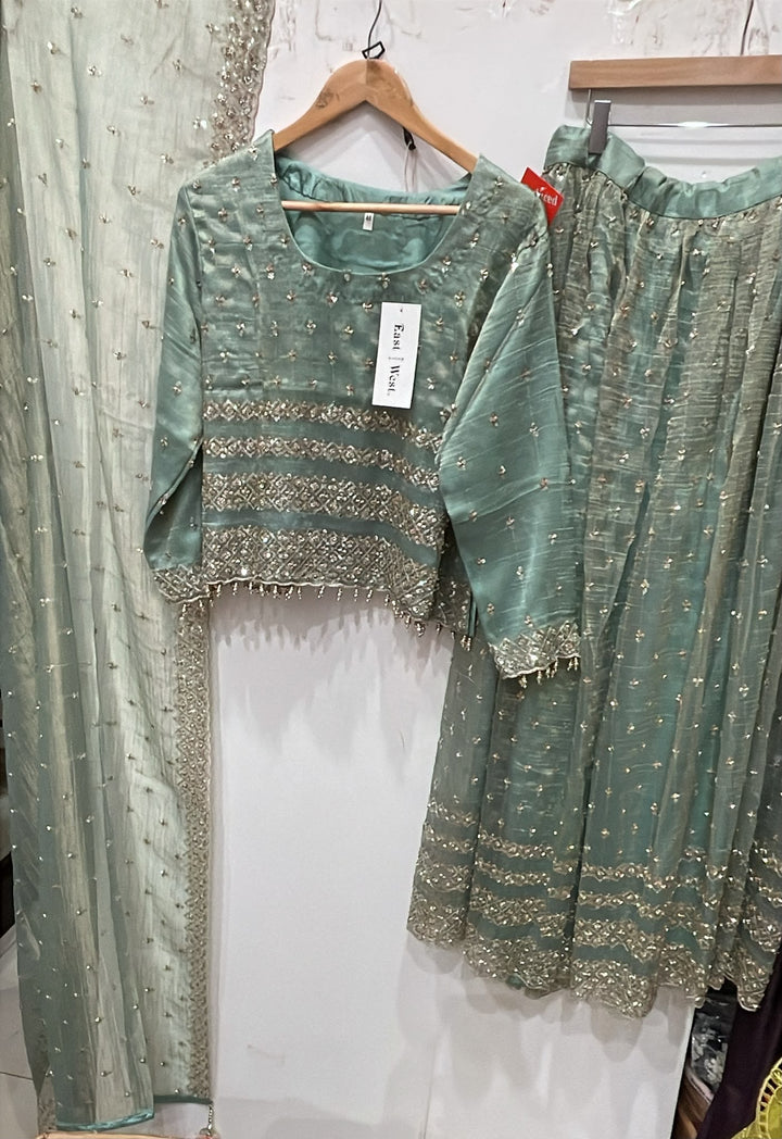 122A - Light Green Embellished Lehenga - 3 Piece Wedding Outfit - East meets west clothing 