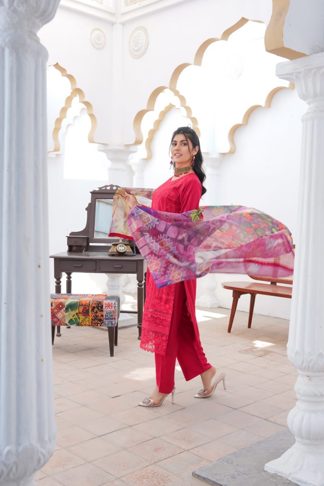 LP07C - RED EMBROIDERED LINEN 3 PIECE SUIT