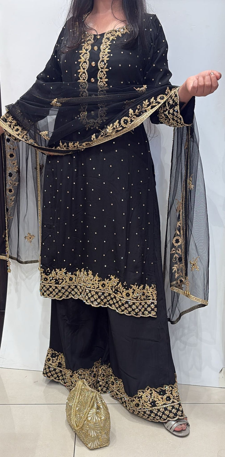 0142A- BLACK GEORGETTE FARSHI PALAZZO SUIT