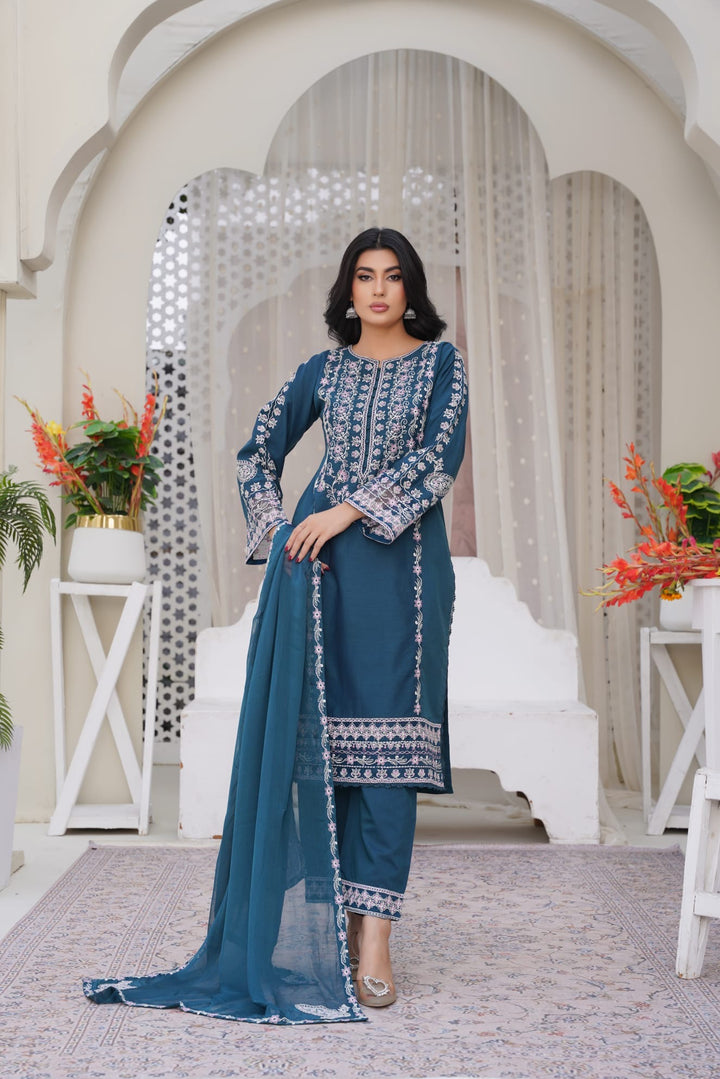 1172B - Teal Embroidered Linen 3 Piece suit
