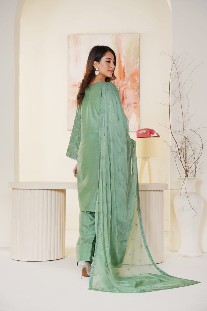 1164A- GREEN LINEN EMBROIDERED 3 PIECE SUIT FARSHI SHALWAR