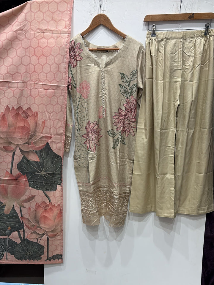 PL04 - EMBROIDERED LINEN PRINT 3 PIECE SUIT