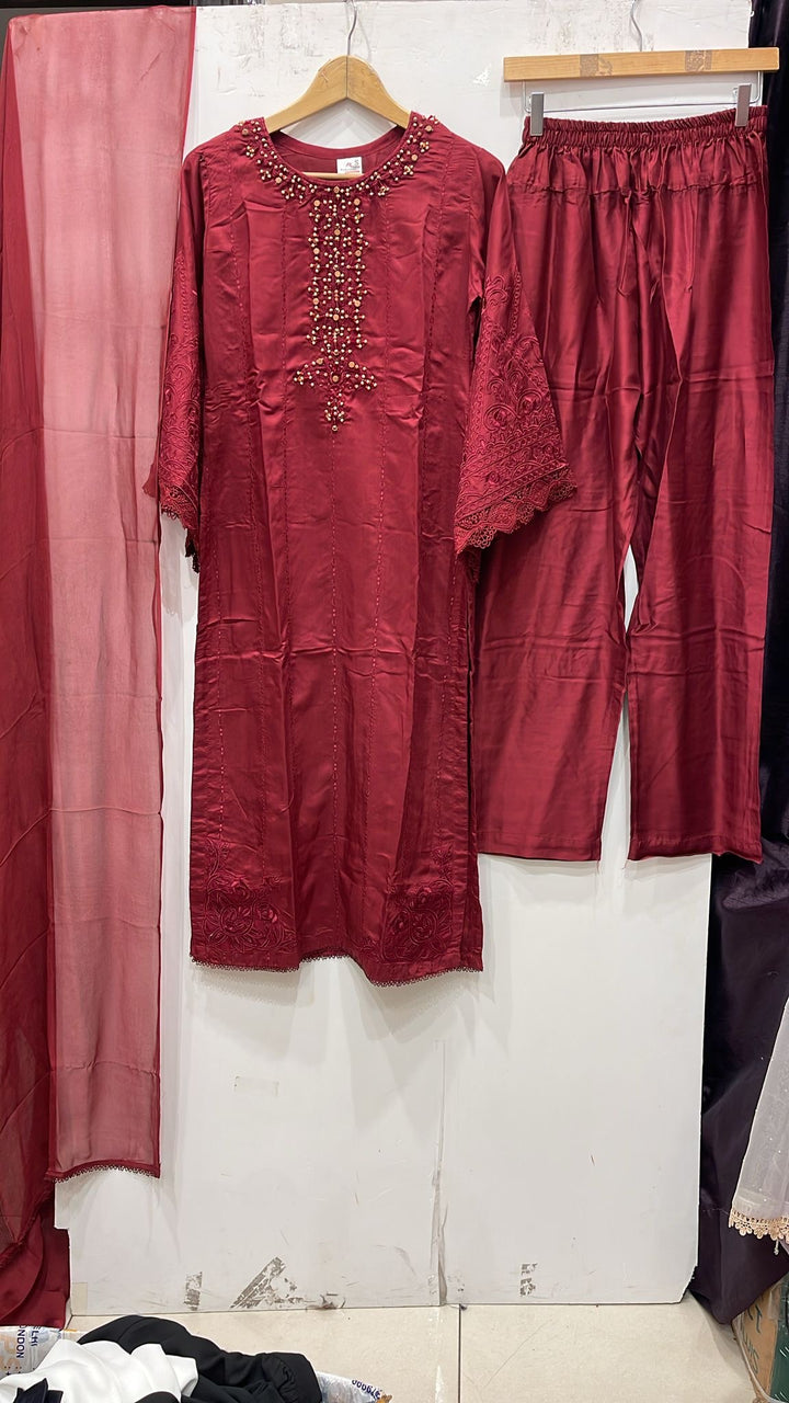 1186A - Red Embroidered Viscose Linen 3 Piece suit