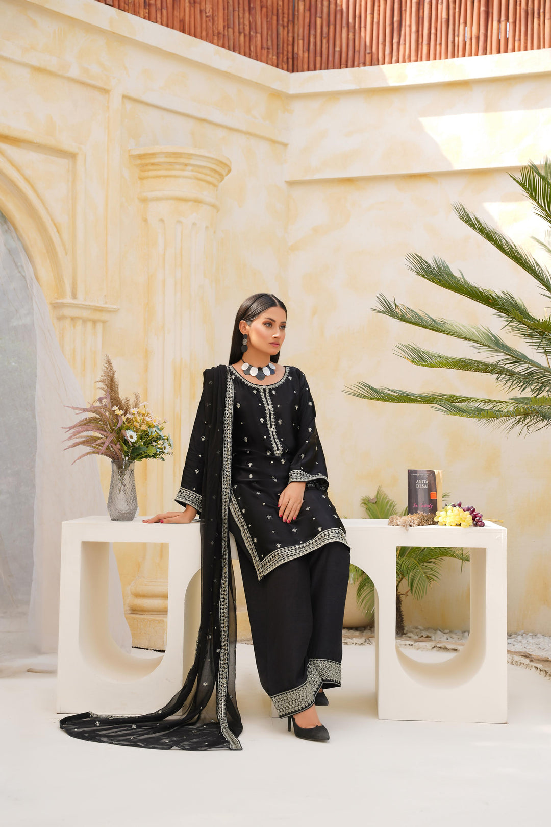 FN03 - Black Farshi Shalwar Silk Embroidered Suit