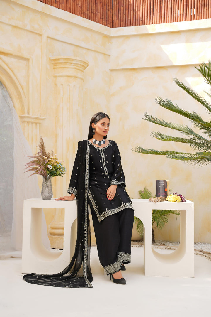 FN03 - Black Farshi Shalwar Silk Embroidered Suit