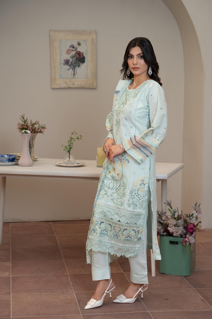 1142A - Light Green Embroidered Linen 3 Piece suit