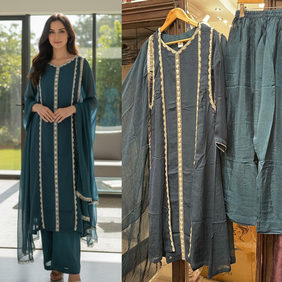 434A - TEAL CHIFFON EMBROIDERED ADDA WORK SUIT