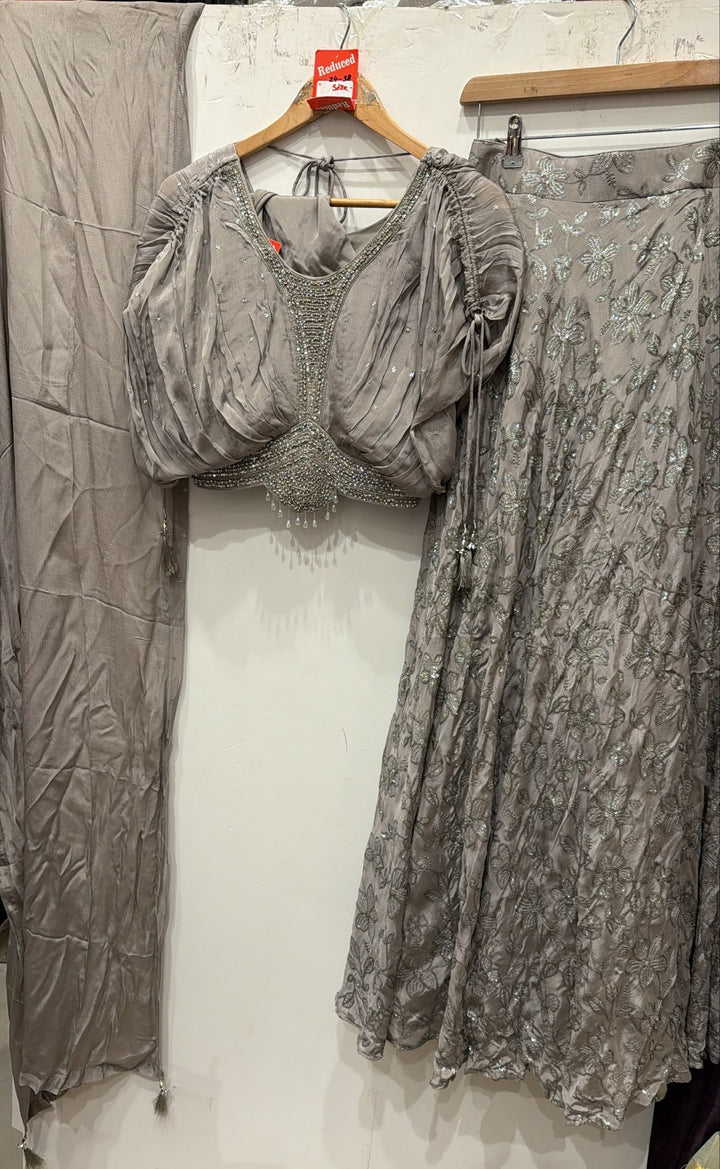 3119B - Girls’ Grey Embroidered Lengha Choli - East meets west clothing 