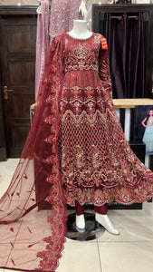 Maroon Embroidered 3 piece maxi frock 414A
