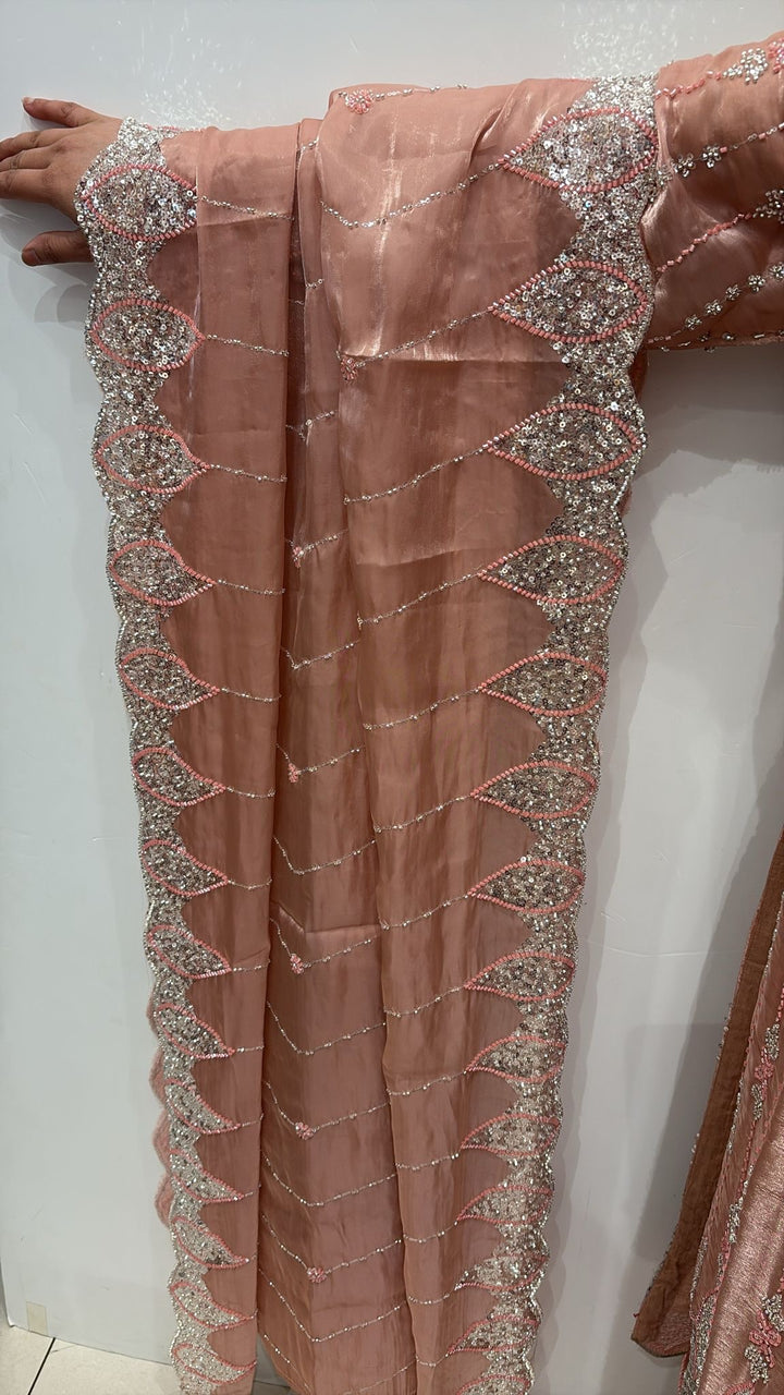 390A - PEACH EMBROIDERED & EMBELLISHED SILK SUIT