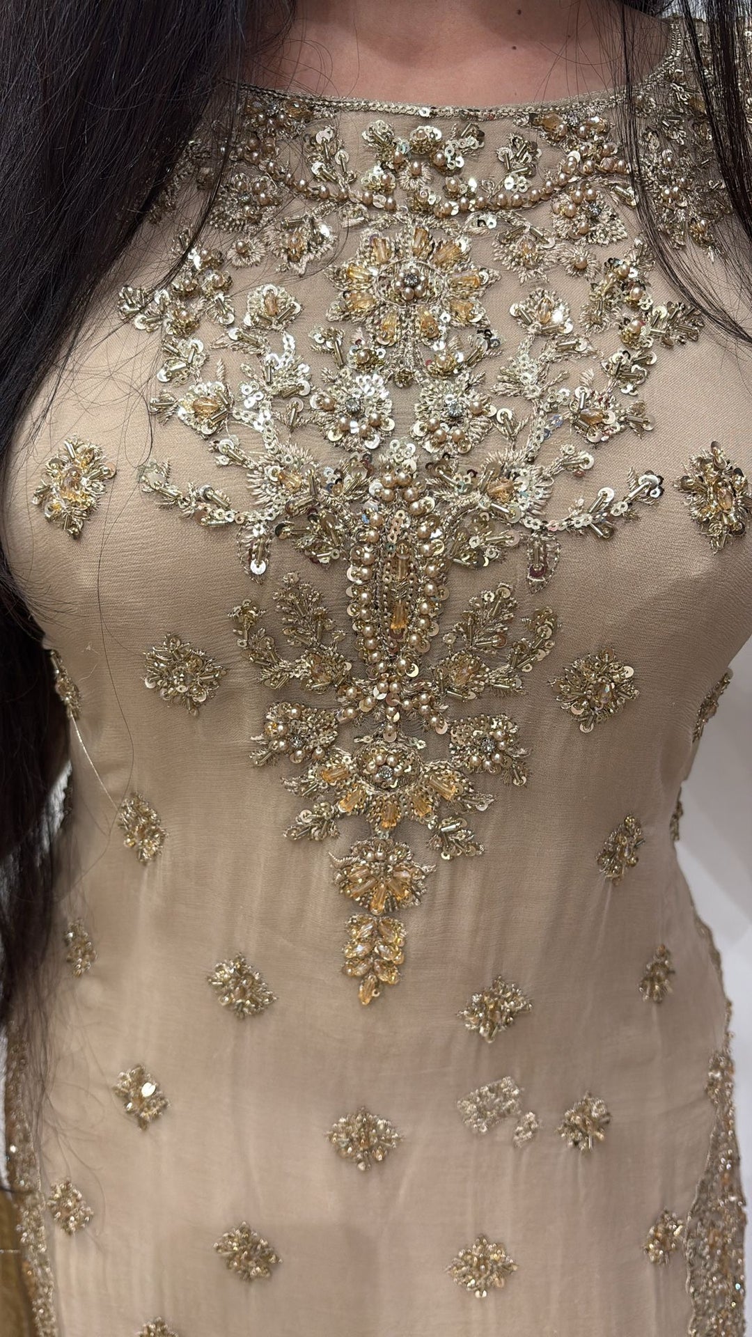 363C- BEIGE GOLD CHIFFON EMBROIDERED 3 PIECE SUIT
