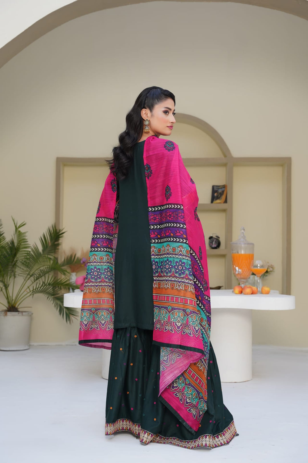 1169C - Black Embroidered Linen Cotton 3 Piece Gharara suit