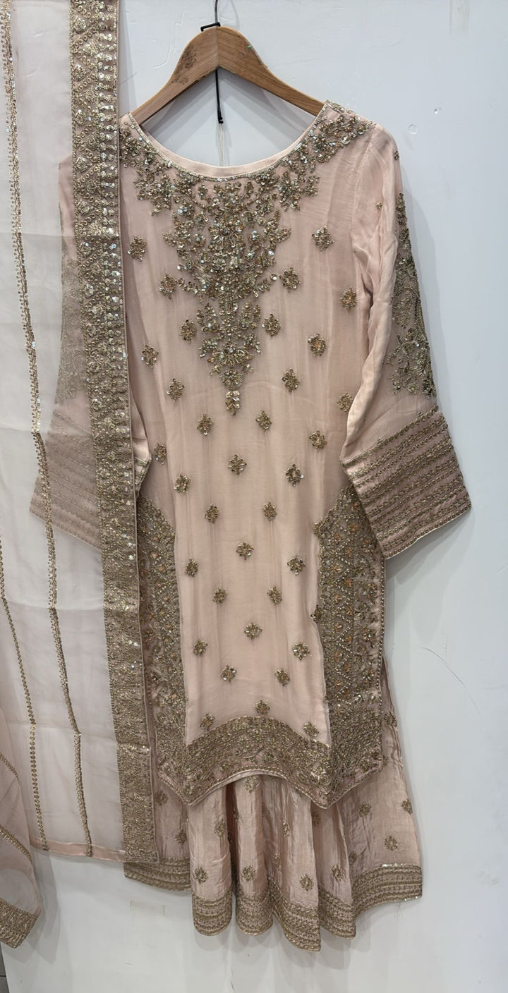 363A- PINK CHIFFON EMBROIDERED 3 PIECE SUIT