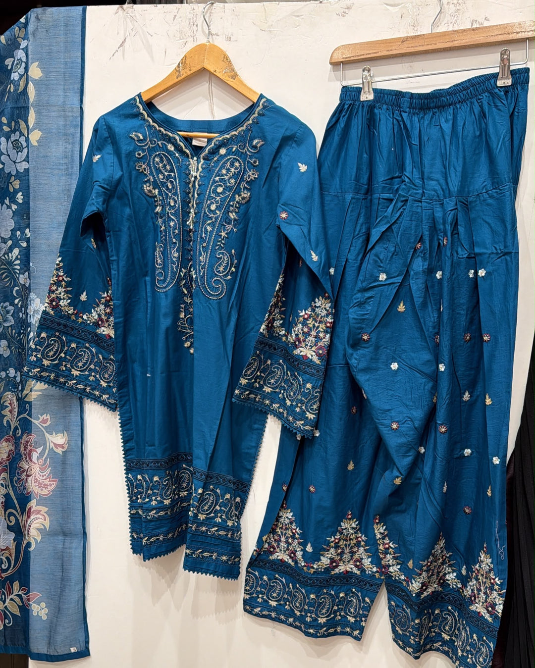 1130B - Teal Blue Viscose Shirt with Farshi Shalwar & Chiffon