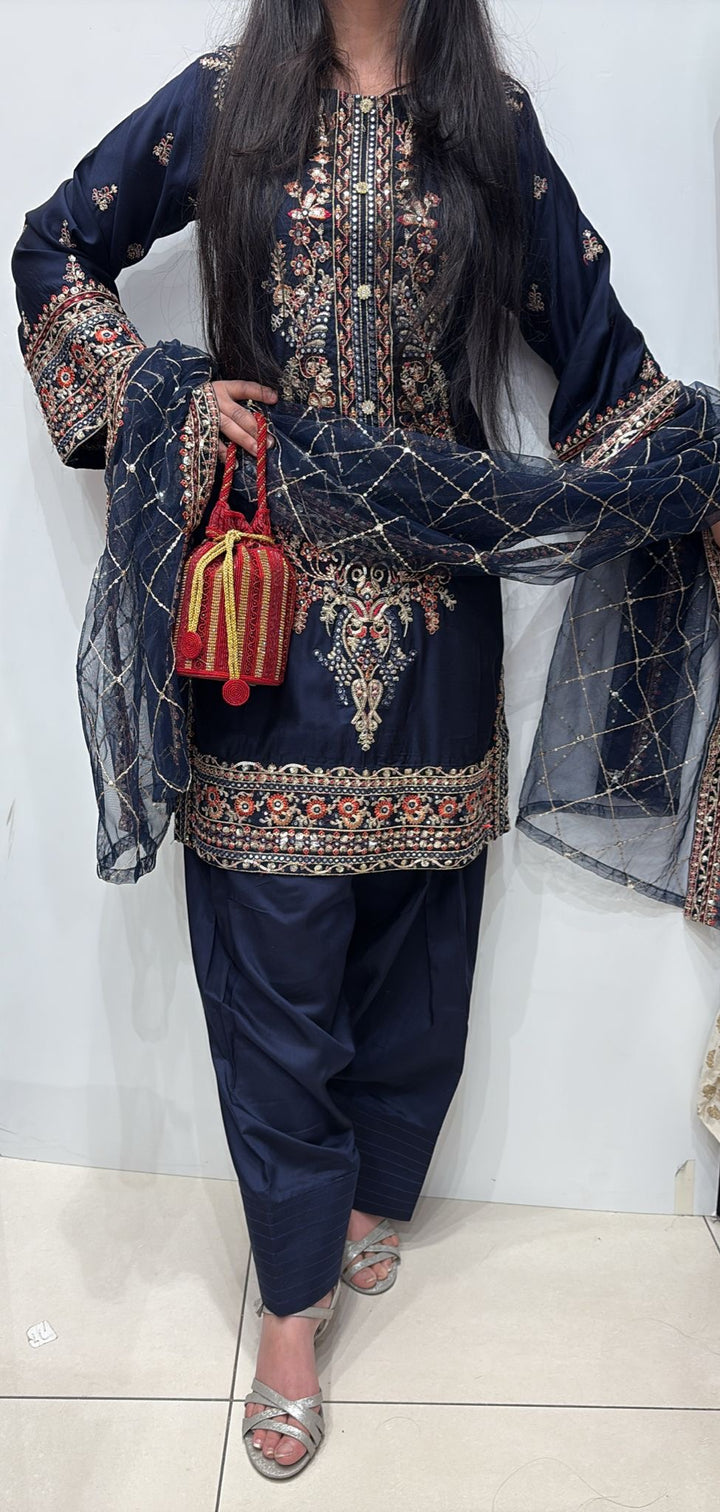 FR01 - BLUE EMBROIDERED VISCOSE SILK SUIT WITH FARSHI SHALWAR