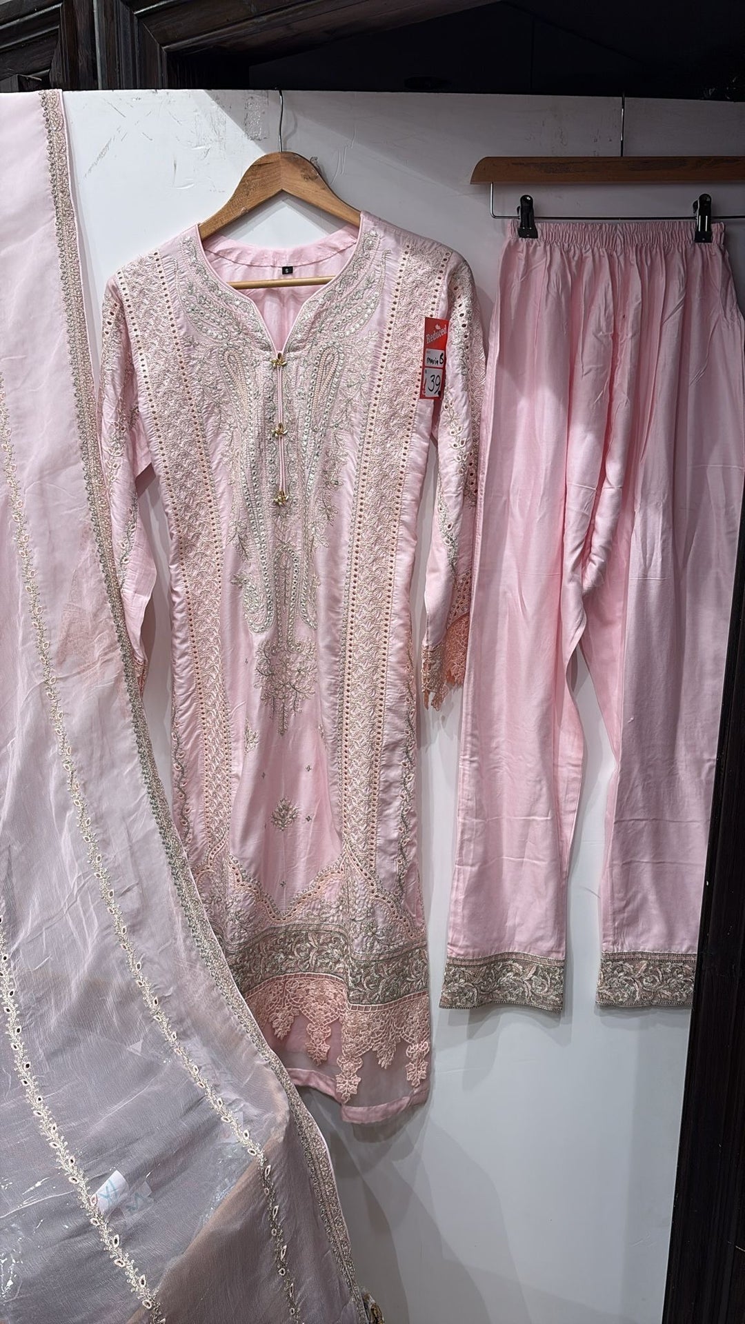 1153C - Light Pink Embroidered Linen 3 Piece suit