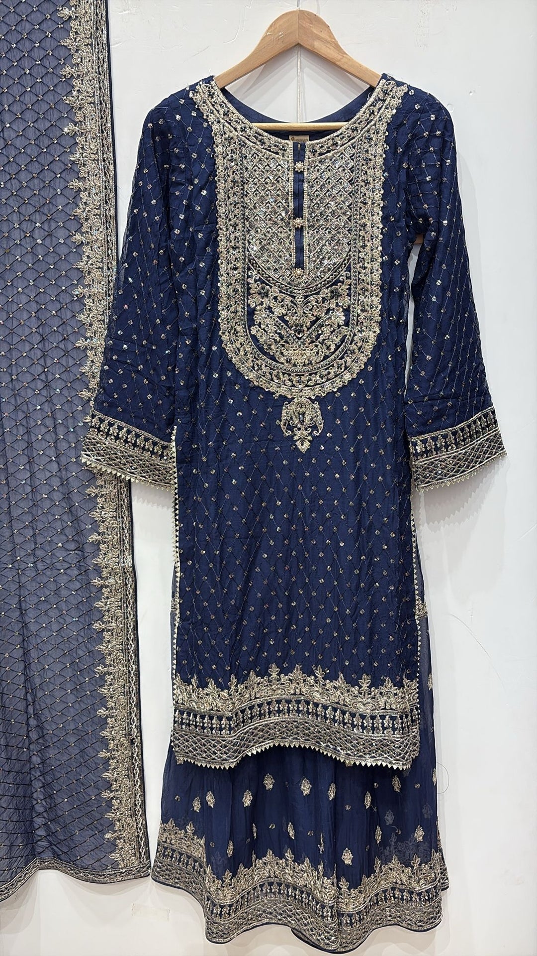 381G - BLUE CHIFFON EMBROIDERED SHARARA SUIT