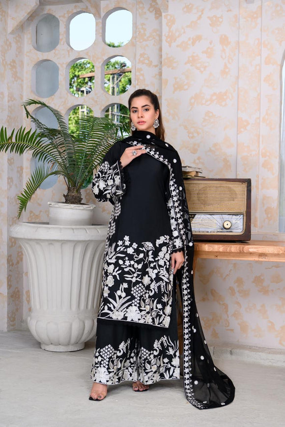 BLACK EMBROIDERED VISCOSE SILK 3 PIECE SUIT 373A