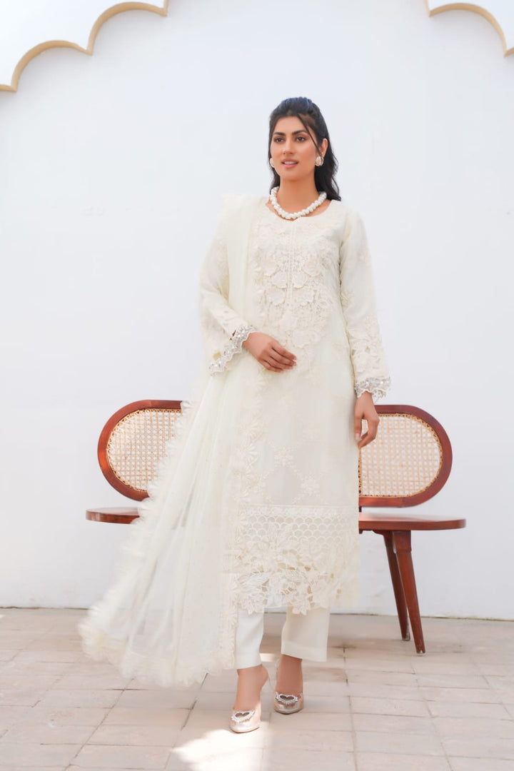 355B - Maria b inspired off-white Embroidered chiffon suit