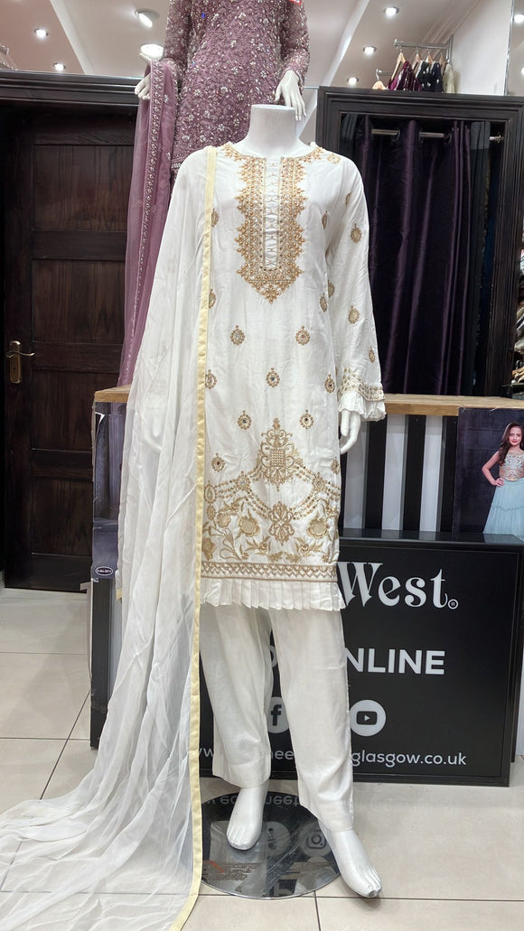 White Embroidered cotton silk 3 piece suit 52C