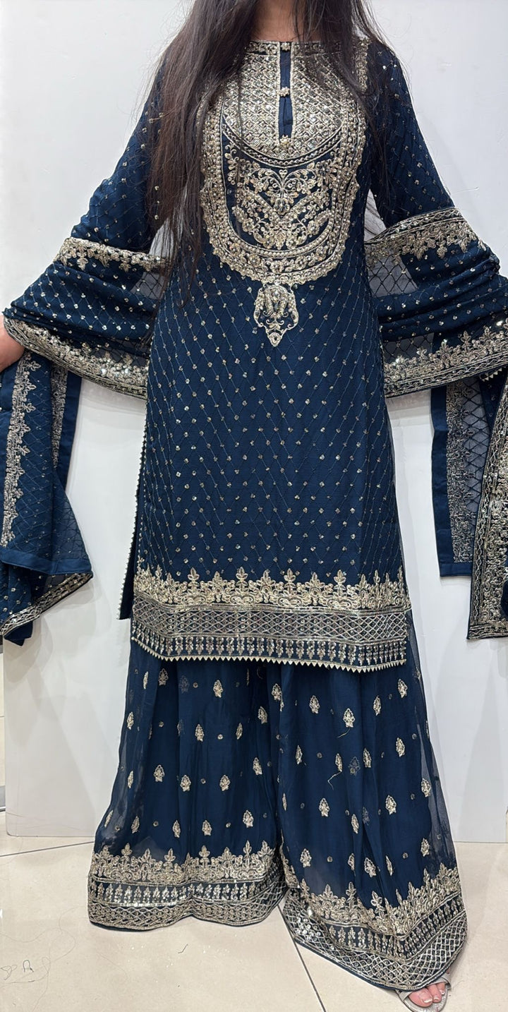 381A- NAVY CHIFFON EMBROIDERED SHARARA SUIT