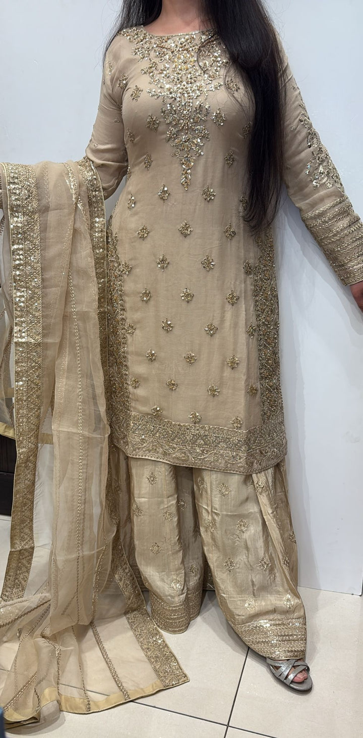 363C- BEIGE GOLD CHIFFON EMBROIDERED 3 PIECE SUIT