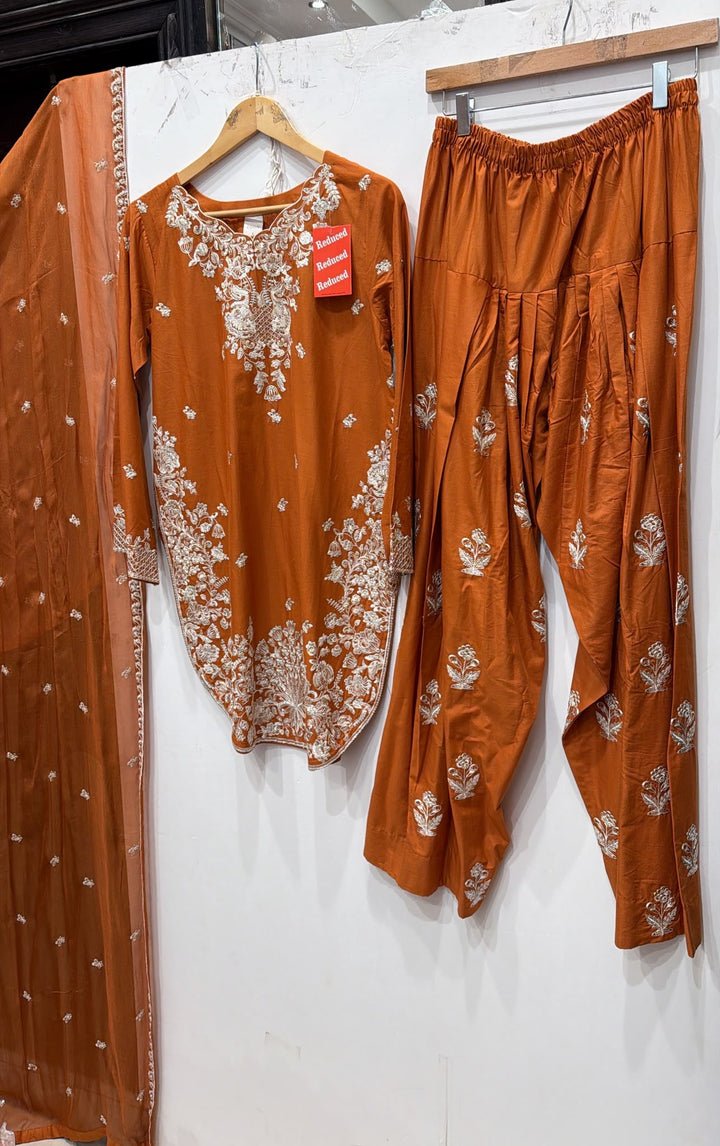 1128A - Burnt Orange Viscose Shirt with Farshi Shalwar & Chiffon Dupatta