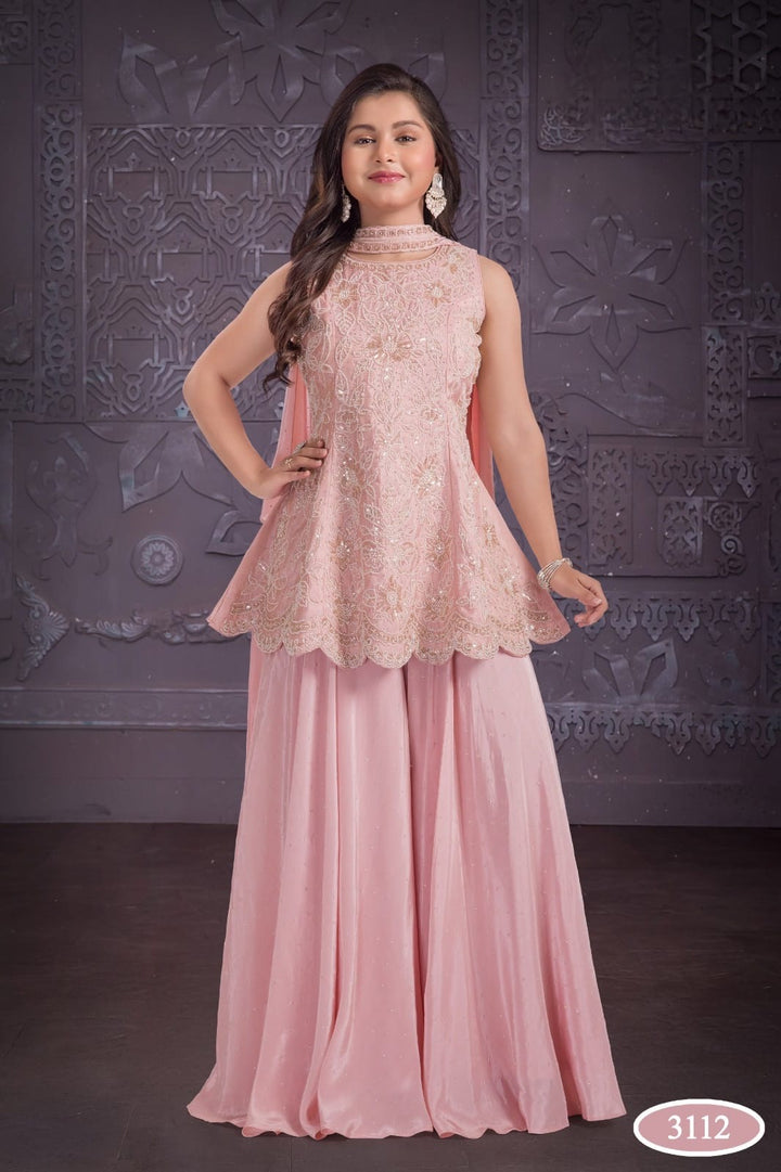 3112D - GIRLS PINK EMBROIDERED SHARARA DRESS