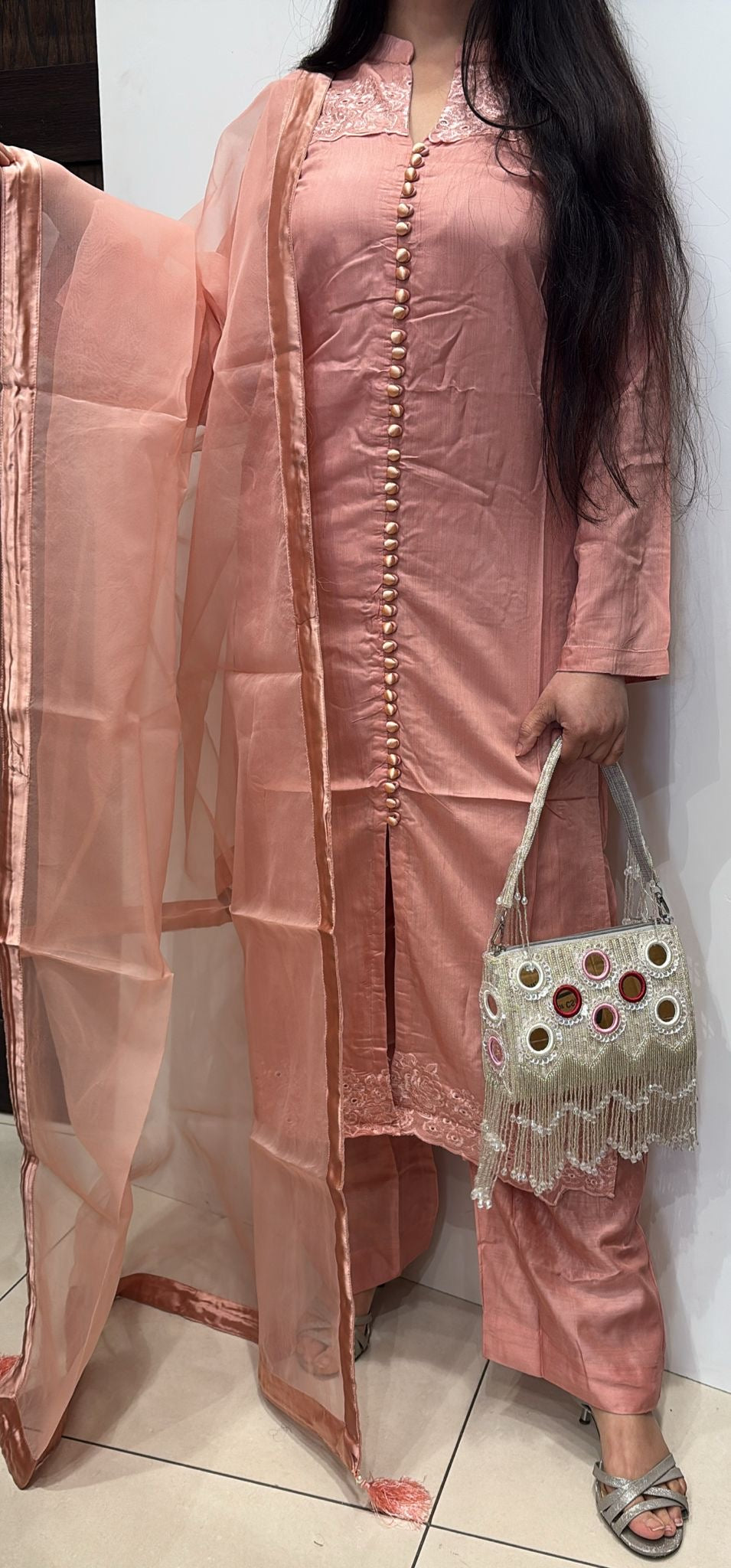 OLN6 - PEACH LINEN EMBROIDERED 3 PIECE SUIT
