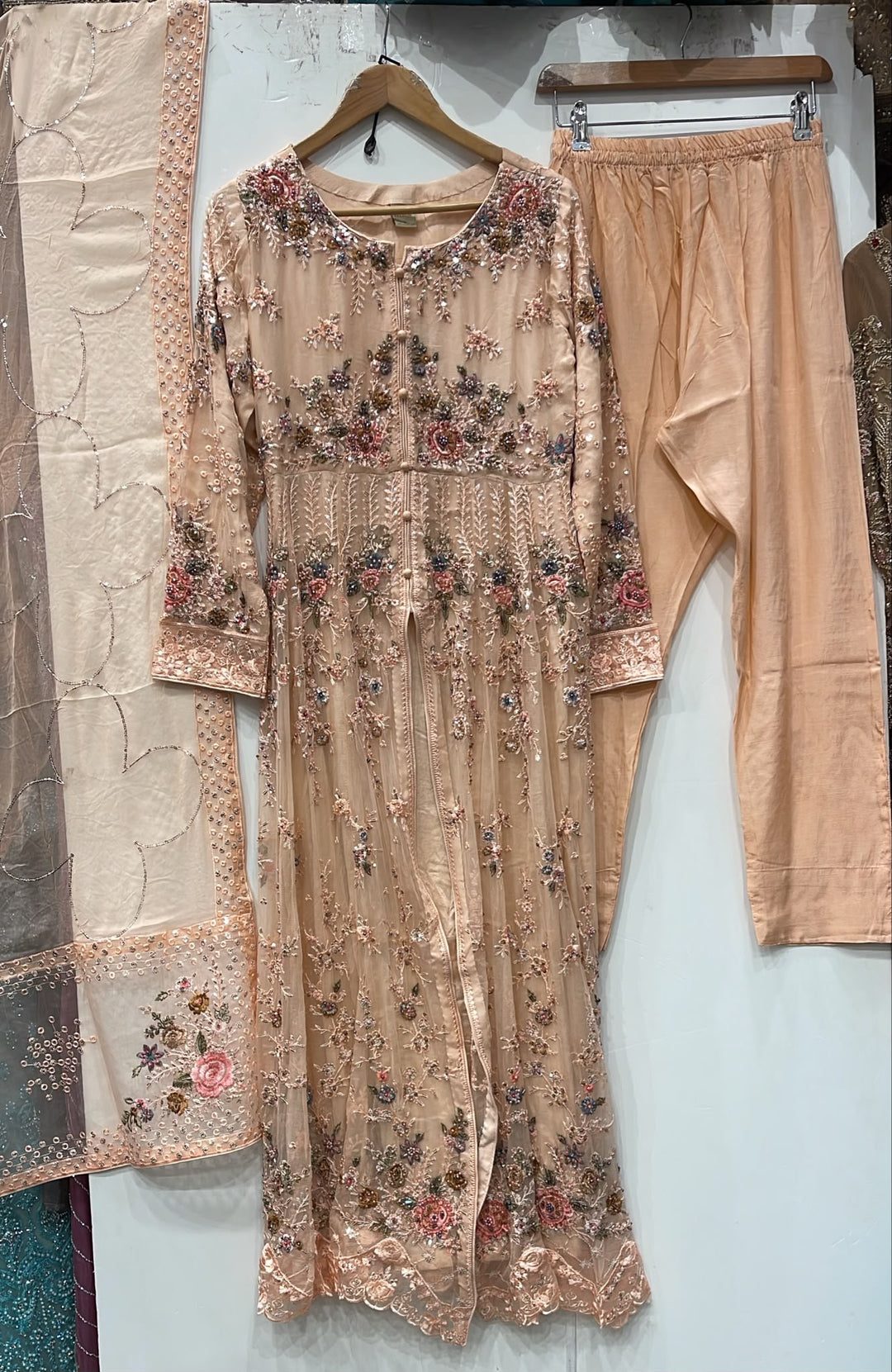 371B PEACH CHIFFON EMBROIDERED LONG DRESS - East meets west clothing 