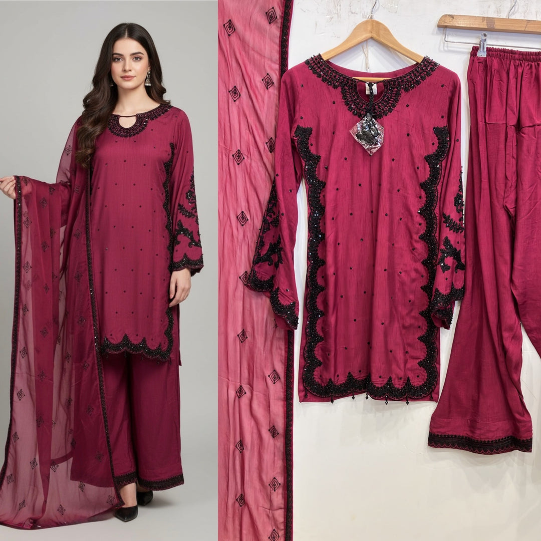 367C- Pink Embroidered Silk Farshi Shalwar 3 Piece Suit