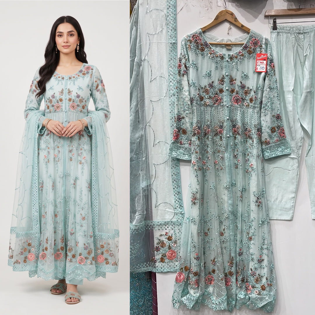 371A LIGHT BLUE CHIFFON EMBROIDERED LONG DRESS - East meets west clothing 