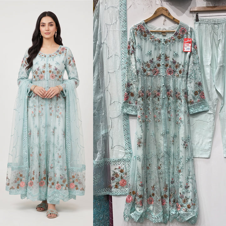 371A LIGHT BLUE CHIFFON EMBROIDERED LONG DRESS - East meets west clothing 